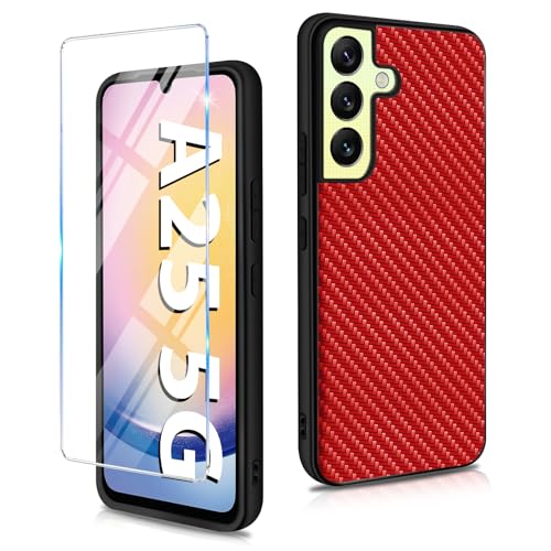Handyhülle für Samsung Galaxy A25 Hülle mit Galaxy A25 Schutzfolie, Ultra Dünn Slim PU+PC+TPU Carbon Fiber Textur Handytasche Case Cover Stoßfest Schutzhülle für Samsung A25 5G Handy (Rot) von duomigesz