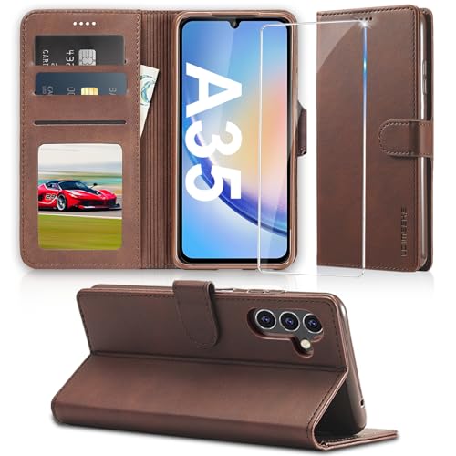 Handyhülle für Samsung Galaxy A35 5G Hülle mit Schutzfolie, Klappbar PU Leder Galaxy A35 Lederhülle Tasche Case, [Kartenfach] StandfunktionWallet Klapphülle Cover Schutzhülle für Samsung A35 (Braun) von duomigesz