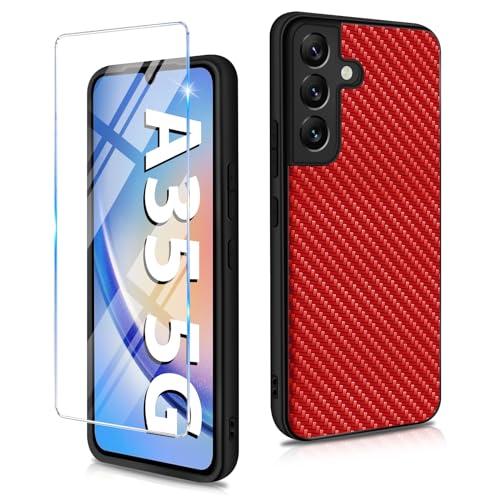 Handyhülle für Samsung Galaxy A35 Hülle 5G mit Galaxy A35 Schutzfolie, Ultra Dünn Slim PU+PC+TPU Carbon Fiber Textur Handytasche Case Cover Stoßfest Schutzhülle für Samsung A35 5G Handy (Rot) von duomigesz