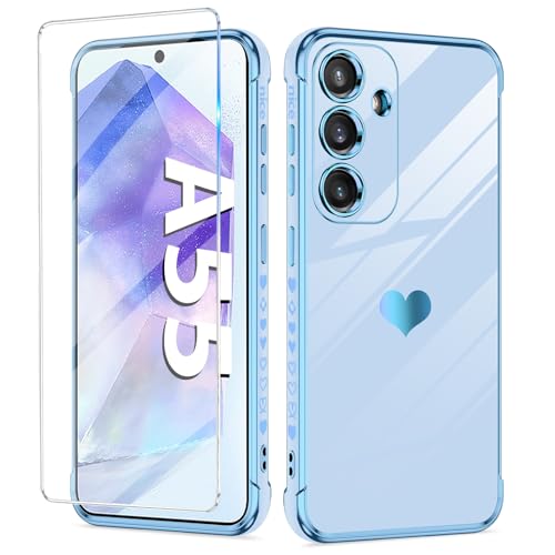 Handyhülle für Samsung Galaxy A55 Hülle mit A55 Schutzfolie, Cute Herz Muster Weich Silikon Galvanik Galaxy A55 Handytasche Case, Kameraschutz Stoßfest Schutzhülle für Samsung A55 5G Handy (Blau) Handyhülle für Samsung Galaxy A55 Hülle mit A55 Schutzfolie, Cute Herz Muster Weich Silikon Galvanik Galaxy A55 Handytasche Case, Kameraschutz Stoßfest Schutzhülle für Samsung A55 5G Handy (Blau) von duomigesz