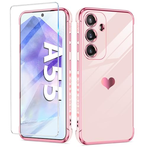 Handyhülle für Samsung Galaxy A55 Hülle mit A55 Schutzfolie, Cute Herz Muster Weich Silikon Galvanik Galaxy A55 Handytasche Case, Kameraschutz Stoßfest Schutzhülle für Samsung A55 5G Handy (Rosa) Handyhülle für Samsung Galaxy A55 Hülle mit A55 Schutzfolie, Cute Herz Muster Weich Silikon Galvanik Galaxy A55 Handytasche Case, Kameraschutz Stoßfest Schutzhülle für Samsung A55 5G Handy (Rosa) von duomigesz