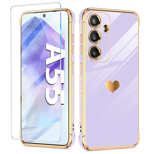 Handyhülle für Samsung Galaxy A55 Hülle mit A55 Schutzfolie, Cute Herz Muster Weich Silikon Galvanik Galaxy A55 Handytasche Case, Kameraschutz Stoßfest Schutzhülle für Samsung A55 5G Handy (Lila) Handyhülle für Samsung Galaxy A55 Hülle mit A55 Schutzfolie, Cute Herz Muster Weich Silikon Galvanik Galaxy A55 Handytasche Case, Kameraschutz Stoßfest Schutzhülle für Samsung A55 5G Handy (Lila) von duomigesz
