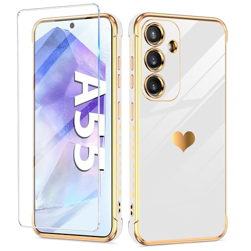 Handyhülle für Samsung Galaxy A55 Hülle mit A55 Schutzfolie, Cute Herz Muster Weich Silikon Galvanik Galaxy A55 Handytasche Case, Kameraschutz Stoßfest Schutzhülle für Samsung A55 5G Handy (Weiß) Handyhülle für Samsung Galaxy A55 Hülle mit A55 Schutzfolie, Cute Herz Muster Weich Silikon Galvanik Galaxy A55 Handytasche Case, Kameraschutz Stoßfest Schutzhülle für Samsung A55 5G Handy (Weiß) von duomigesz