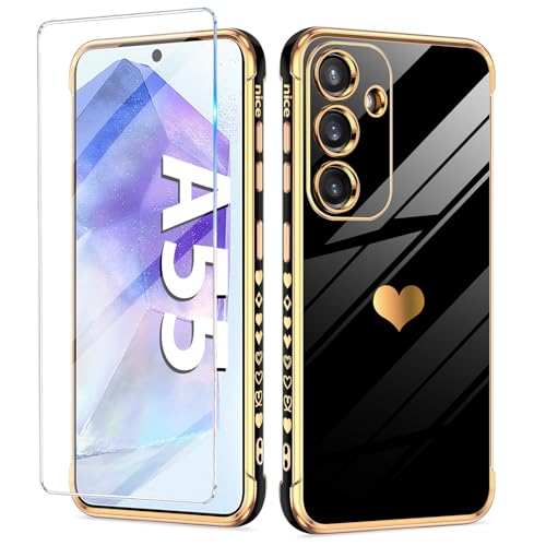 Handyhülle für Samsung Galaxy A55 Hülle mit A55 Schutzfolie, Cute Herz Muster Weich Silikon Galvanik Galaxy A55 Handytasche Case, Kameraschutz Stoßfest Schutzhülle für Samsung A55 5G Handy (Schwarz) Handyhülle für Samsung Galaxy A55 Hülle mit A55 Schutzfolie, Cute Herz Muster Weich Silikon Galvanik Galaxy A55 Handytasche Case, Kameraschutz Stoßfest Schutzhülle für Samsung A55 5G Handy (Schwarz) von duomigesz