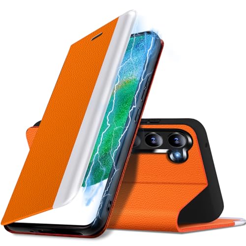 Handyhülle für Samsung Galaxy S21 FE 5G Hülle, PU Leder Kickstand Flip Handytasche Case, [Kartenfach] [Standfunktion] Galaxy S21 FE Hülle, 360° Stoßfest Schutzhülle für Samsung S21 FE (orange) von duomigesz