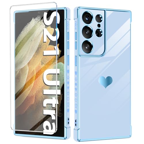 Handyhülle für Samsung Galaxy S21 Ultra Hülle mit S21 Ultra Schutzfolie, Cute Herz Muster Silikon S21 Ultra Handytasche Case, Kameraschutz Stoßfest Schutzhülle für Samsung S21 Ultra Handy (Blau) Handyhülle für Samsung Galaxy S21 Ultra Hülle mit S21 Ultra Schutzfolie, Cute Herz Muster Silikon S21 Ultra Handytasche Case, Kameraschutz Stoßfest Schutzhülle für Samsung S21 Ultra Handy (Blau) von duomigesz