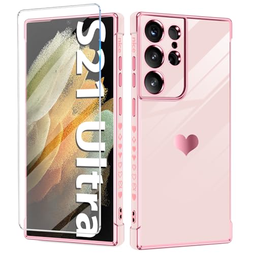 Handyhülle für Samsung Galaxy S21 Ultra Hülle mit S21 Ultra Schutzfolie, Cute Herz Muster Silikon S21 Ultra Handytasche Case, Kameraschutz Stoßfest Schutzhülle für Samsung S21 Ultra Handy (Rosa) Handyhülle für Samsung Galaxy S21 Ultra Hülle mit S21 Ultra Schutzfolie, Cute Herz Muster Silikon S21 Ultra Handytasche Case, Kameraschutz Stoßfest Schutzhülle für Samsung S21 Ultra Handy (Rosa) von duomigesz
