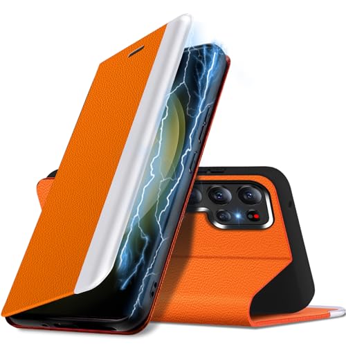 Handyhülle für Samsung Galaxy S23 Ultra Hülle, PU Leder Kickstand Flip Handytasche Case, [Kartenfach] [Standfunktion] Galaxy S23 Ultra Hülle, 360° Stoßfest Schutzhülle für Samsung S23 Ultra (orange) von duomigesz