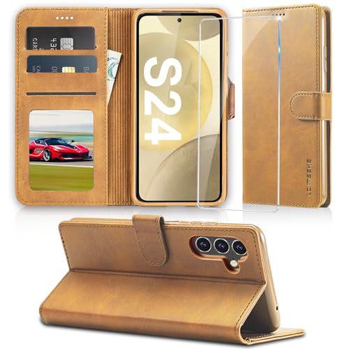 Handyhülle für Samsung Galaxy S24 Hülle 5G mit Schutzfolie, Klappbar PU Leder S24 Lederhülle, [Kartenfach] [Standfunktion] Wallet Klapphülle Tasche Case Schutzhülle für Samsung S24 5G (Gelb) von duomigesz