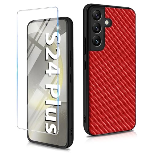 Handyhülle für Samsung Galaxy S24 Plus Hülle mit Schutzfolie, Dünn PU+PC+TPU Carbon Fiber Textur Galaxy S24 Plus Handytasche Case Cover Stoßfest Schutzhülle für Samsung S24 Plus Handy (Rot) von duomigesz