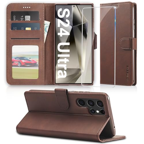 Handyhülle für Samsung Galaxy S24 Ultra Hülle mit Schutzfolie, Klappbar PU Leder S24 Ultra Lederhülle, [Kartenfach] [Standfunktion] Klapphülle Tasche Case Schutzhülle für Samsung S24 Ultra (Braun) von duomigesz