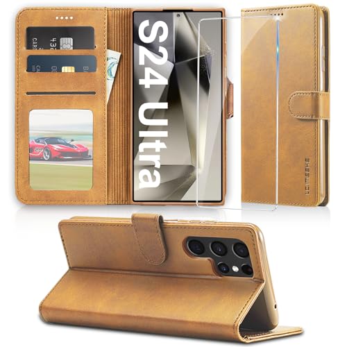 Handyhülle für Samsung Galaxy S24 Ultra Hülle mit Schutzfolie, Klappbar PU Leder S24 Ultra Lederhülle, [Kartenfach] [Standfunktion] Klapphülle Tasche Case Schutzhülle für Samsung S24 Ultra (Gelb) von duomigesz