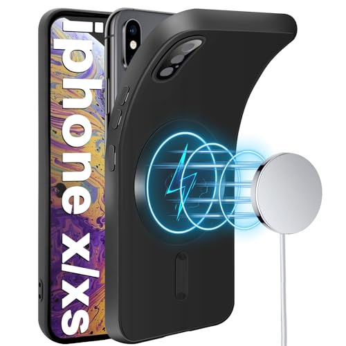 Handyhülle für iPhone X, iPhone XS Hülle [Kameraschutz Eingebaut] [Magnetische] [für Mag-Safe] Silikon Weiche Metall Matte Textur Tasche Case Schutzhülle für iPhone XS, iPhone X 5,8-Zoll (Schwarz) von duomigesz