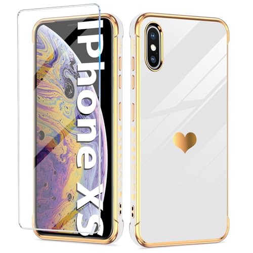 Handyhülle für iPhone X/XS Hülle mit iPhone XS Schutzfolie, Cute Herz Muster Weich Silikon Galvanik für iPhone X Handytasche Case, Kameraschutz Stoßfest Schutzhülle für iPhone XS/X Handy (Weiß) Handyhülle für iPhone X/XS Hülle mit iPhone XS Schutzfolie, Cute Herz Muster Weich Silikon Galvanik für iPhone X Handytasche Case, Kameraschutz Stoßfest Schutzhülle für iPhone XS/X Handy (Weiß) von duomigesz
