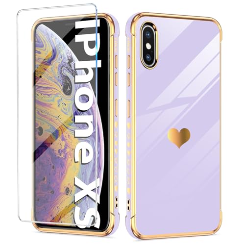 Handyhülle für iPhone X/XS Hülle mit iPhone XS Schutzfolie, Cute Herz Muster Weich Silikon Galvanik für iPhone X Handytasche Case, Kameraschutz Stoßfest Schutzhülle für iPhone XS/X Handy (Lila) Handyhülle für iPhone X/XS Hülle mit iPhone XS Schutzfolie, Cute Herz Muster Weich Silikon Galvanik für iPhone X Handytasche Case, Kameraschutz Stoßfest Schutzhülle für iPhone XS/X Handy (Lila) von duomigesz