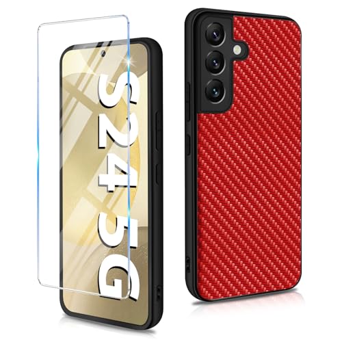 Kompatibel mit Samsung Galaxy S24 Hülle 5G mit Schutzfolie, Dünn PU+PC+TPU Carbon Fiber Textur Handyhülle für Galaxy S24 Handytasche Case Cover Stoßfest Schutzhülle für Samsung S24 Handy (Rot) von duomigesz