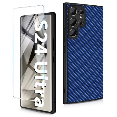 Kompatibel mit Samsung Galaxy S24 Ultra Hülle 5G mit Schutzfolie, Ultra Dünn Carbon Fiber Textur Handyhülle Galaxy S24 Ultra Handytasche Case Cover Stoßfest Schutzhülle für Samsung S24 Ultra (Blau) von duomigesz