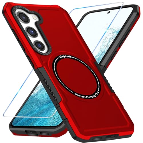 Magnetische Handyhülle für Samsung Galaxy S22 Hülle mit Samsung S22 Schutzfolie [für Mag-Safe] Galaxy S22 Handy Tasche Case, Wireless Charging Stoßfest Schutzhülle für Samsung Galaxy S22 (Rot) von duomigesz