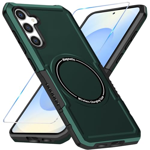 Magnetische Handyhülle für Samsung Galaxy S25 Hülle mit Samsung S25 Schutzfolie, Galaxy S25 Handytasche Case, Kabelloses Laden Stoßfest Schutzhülle für Samsung Galaxy S25 Handy (Grün) von duomigesz