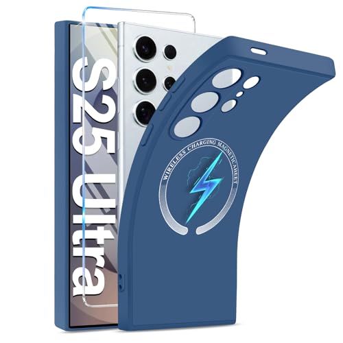 Magnetische Handyhülle für Samsung Galaxy S25 Ultra Hülle mit Schutzfolie [Mag-Safe] Weiche Silikon S25 Ultra Handytasche Case kabelloses Laden Schutzhülle für Samsung S25 Ultra Handy (Blau) von duomigesz