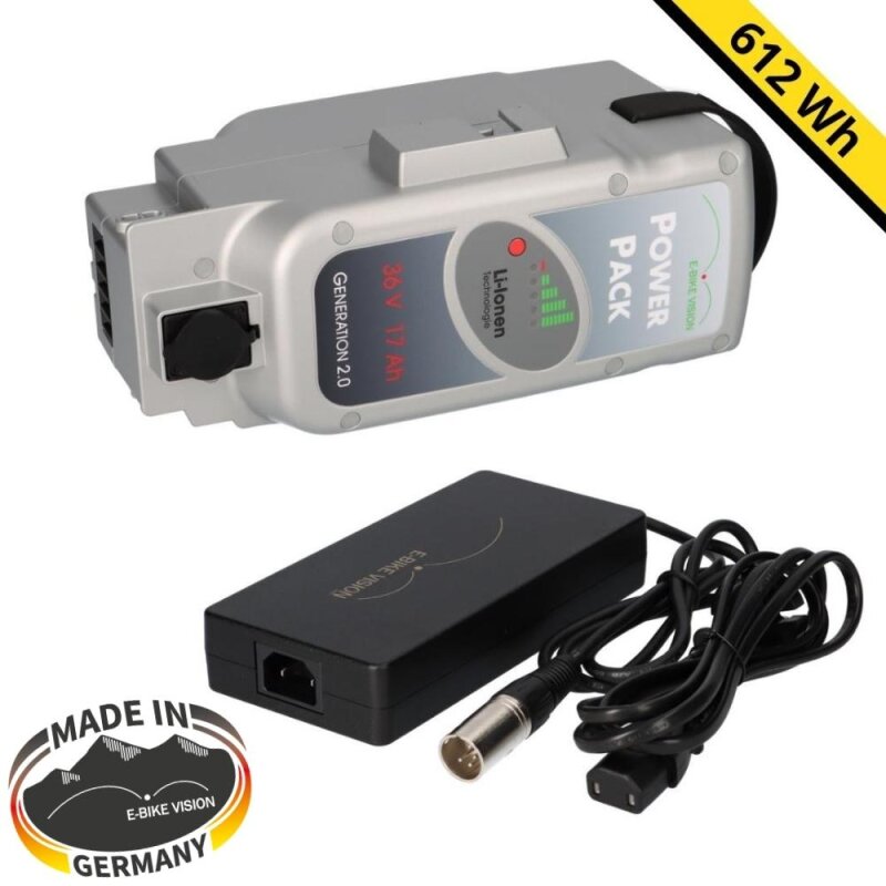 SET E-BIKE VISION Power Pack Ersatzakku für Panasonic Antrieb 36V 17Ah 612 Wh 4A Lader von e-Bike Vision