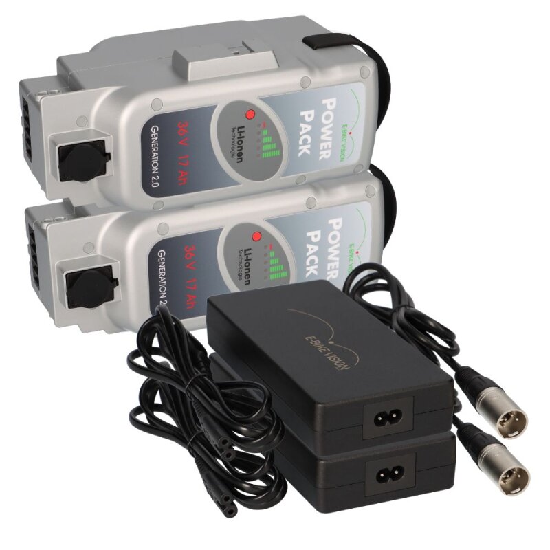 SET E-BIKE VISION Power Pack Ersatzakkus für Panasonic Deluxe-Antriebssystem 2x 36V 17Ah 612 Wh + 2x 4A Lader SET E-BIKE VISION Power Pack Ersatzakkus für Panasonic Deluxe-Antriebssystem 2x 36V 17Ah 612 Wh + 2x 4A Lader von e-Bike Vision