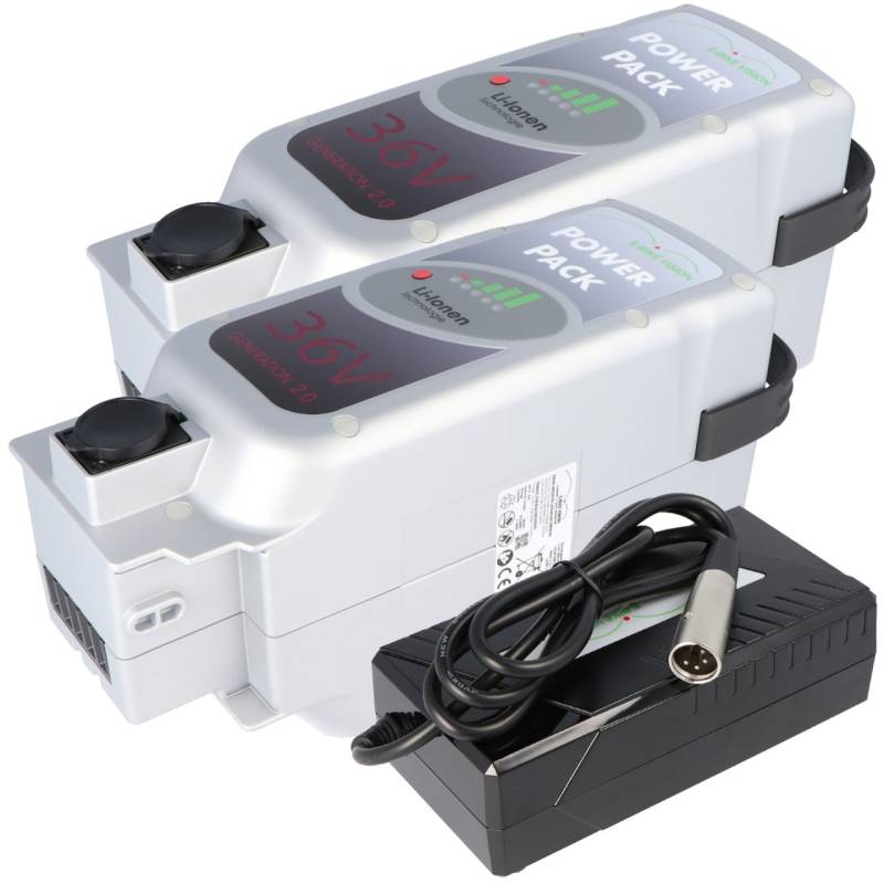 2 Stück E-Bike Power Pack Akku kompatibel zum 36V 17Ah 612Wh Panasonic Deluxe-Antriebssystem inklusive 1x Schnell-Ladegerät 4A von e-bike-vision