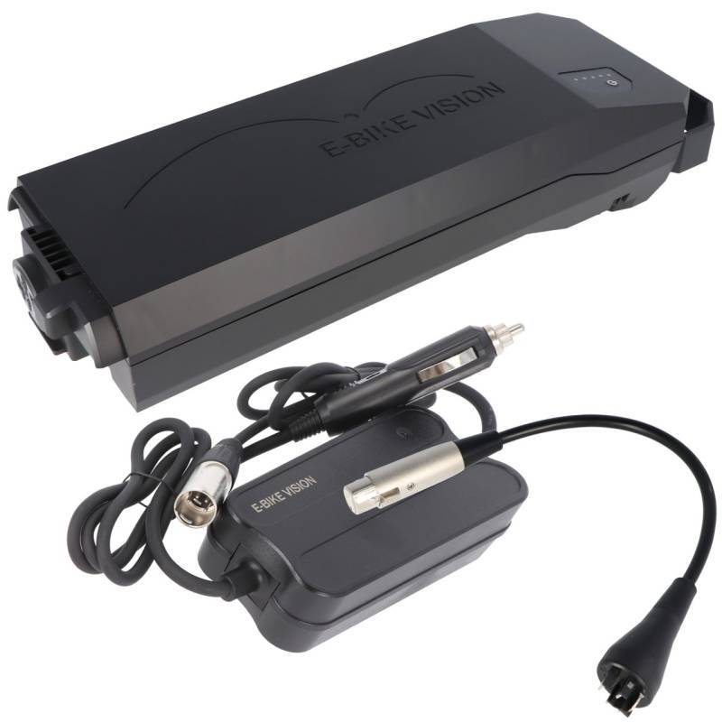 Gepäckträger Power Pack E-Bike Akku lite inkl. Kfz-Ladegerät und Ladeadapter exakt passend für das Bosch Active und Performance Antriebssystem 10 Ah 360 Wh von e-bike-vision