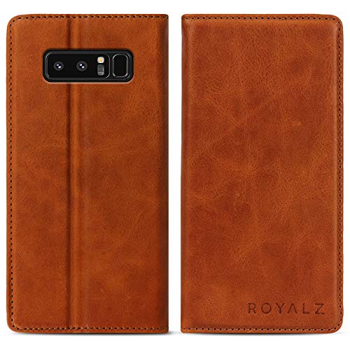 eFabrik ROYALZ Schutzhülle für Samsung Galaxy Note 8 Ledertasche (6.3 Zoll) Lederhülle Tasche Book Case Cover Schutztasche Handyhülle Hülle Vintage Leder -Unsichtbares Magnet, Farbe:Cognac Braun von eFabrik