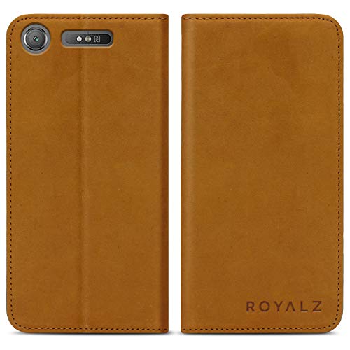 eFabrik ROYALZ Tasche für Sony Xperia XZ1 Ledertasche Lederhülle Hülle Book Cover Case Tasche Schutzhülle Handyhülle Vintage mit unsichtbaren Magnet Leder, Farbe:Camel Braun von eFabrik