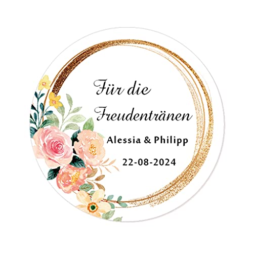 50 Für die Freudentränen Sticker PERSONALISIERT Gastgeschenke Aufkleber 40mm zur Hochzeit Taufe Geburtstag Taschentücher/Gewebe Etiketten - Eukalyptus und Goldrand - Rd 095 (004) von eKunSTreet