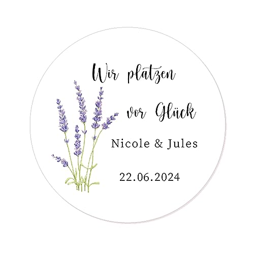 50 Wir platzen vor Glück Aufkleber PERSONALISIERT Hochzeit Sticker 40mm rund Gastgeschenke Etiketten - Rd 665 (001) von eKunSTreet