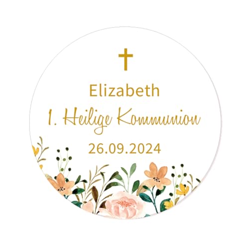 50x STICKER Erstkommunion PERSONALISIERT 1. Heilige Kommunion Aufkleber zur Kommunion Taufe Konfirmation Geburtstag Gastgeschenke Tüten Etiketten - Taube Kreuz und Blume - Rd 652 (002) von eKunSTreet