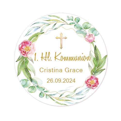 50x STICKER Erstkommunion PERSONALISIERT 1. Heilige Kommunion Aufkleber zur Kommunion Taufe Konfirmation Geburtstag Gastgeschenke Tüten Etiketten - Taube Kreuz und Blume - Rd 652 (005) von eKunSTreet