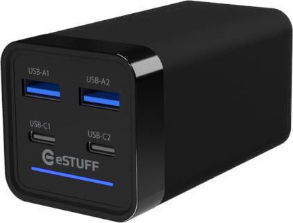 eSTUFF - Netzteil - GaN - 65 Watt - PD 3,0, QC 3,0, QC 4,0+, Apple 2,4A, PD/PPS - 4 Ausgabeanschlussstellen (2 x USB-C, 2 x 9-polige USB Typ A) - Schwarz - Europa (ES635200) von eSTUFF