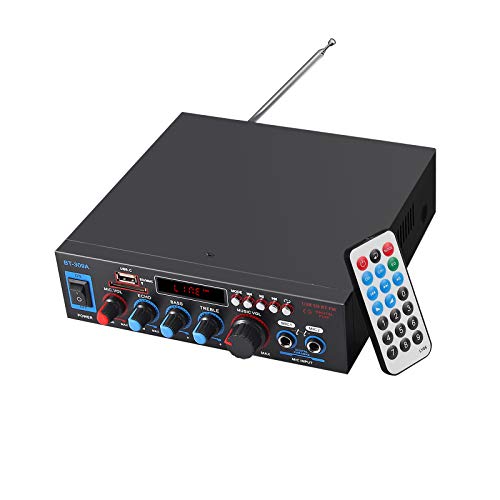 Audio Amplifier 800W Mini HiFi Bluetooth Verstärker 400W+400W, Auto Audio Verstärker Stereo mit Netzteil Unterstützt AUX, USB, MIC, TF, mit Zwei Mikrofon Eingang von eSynic