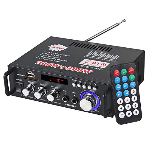 Bluetooth Verstärker Hifi Stereo 300W+300W Verstärker, eSynic Stereo Verstärker Bluetooth Amplifier, Unterstützt FM SD-Karte U-Scheibe MP3, mit Zwei Mikrofon Eingang fit für Haus und Auto von eSynic