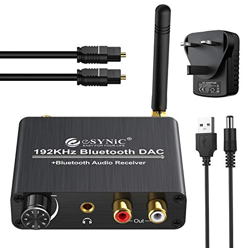 eSynic 192 kHz DAC Konverter Bluetooth 5.0 Empfänger, Digital zu Analog Audio Konverter mit Lautstärkeregler, Optischer Koaxial Toslink zu RCA L/R Audio-Konverter für PS3, Xbox, Blu-ray TV usw. von eSynic