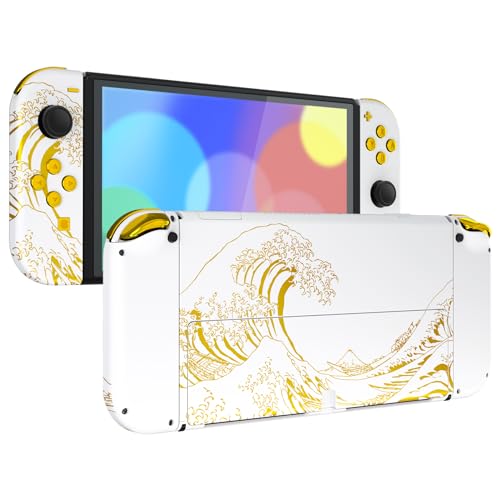 eXtremeRate Full Hülle für Nintendo Switch OLED, DIY-Ersatz Konsole case & Kickstand, NS Joycon Gehäuse & Tasten Set, Skin Abdeckung Zubehör für Switch OLED Console Joy Con -Groß Goldene Welle Weiß von eXtremeRate