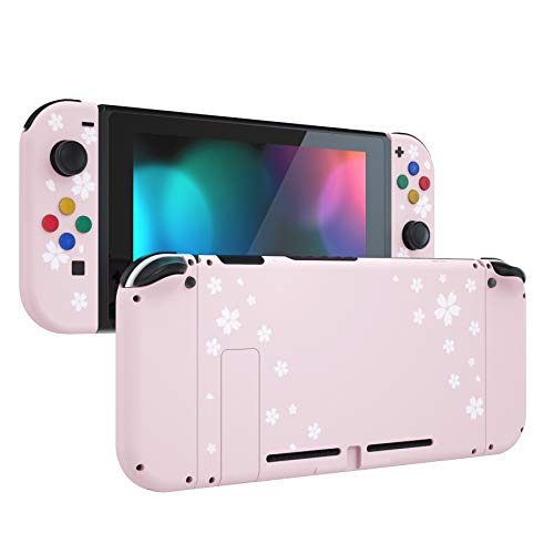 eXtremeRate Hülle Case für Nintendo Switch Joycon/Konsole, Rückgehäuse&Kickstand für Switch Console, Joy Con Abdeckung & Tasten Set, DIY-Ersatzschale für Nintendo Switch(Pink mit Weiße Kirschblüten) von eXtremeRate