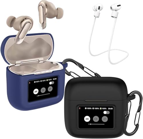 [2-Pack] easyBee Hülle Kompatibel mit JBL Tour Pro 3 Earbuds, mit 2 Karabiner Anti-Verlust-Gurte, Flüssiges Silikon Case Stoßfest Schutzhülle Bluetooth Kopfhörer Tasche - Schwarz Blau von easyBee