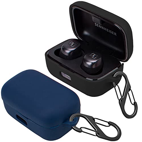 [2-Pack] easyBee Hülle Kompatibel mit Sennheiser Momentum True Wireless 3/4 [mit 2 Karabiner], Flüssiges Silikon Case Ultradünn Stoßfest Schutzhülle Bluetooth Kopfhörer Tasche - Schwarz Blau von easyBee