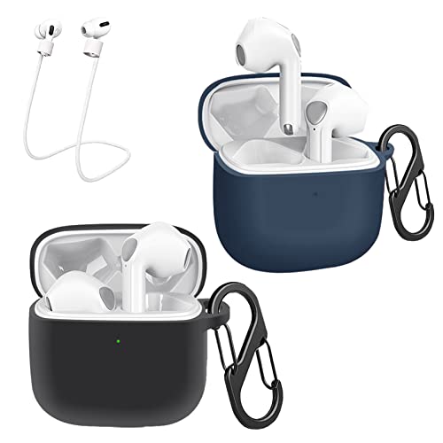 [2-Pack] easyBee Hülle Kompatibel mit SoundPEATS Air3 Pro, mit 2 Karabiner 2 Anti-Verlust-Gurte, Flüssiges Silikon Case Ultradünn Stoßfest Schutzhülle Bluetooth Kopfhörer Tasche - Schwarz und Blau von easyBee