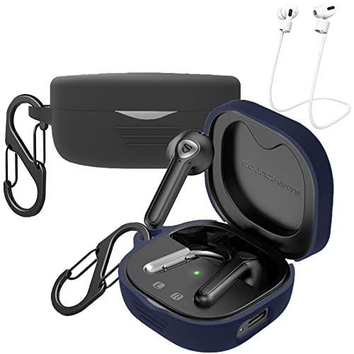 [2-Pack] easyBee Hülle Kompatibel mit SoundPEATS TrueAir2, mit 2 Karabiner 2 Anti-Verlust-Gurte, Flüssiges Silikon Case Ultradünn Stoßfest Schutzhülle Bluetooth Kopfhörer Tasche - Schwarz und Blau von easyBee