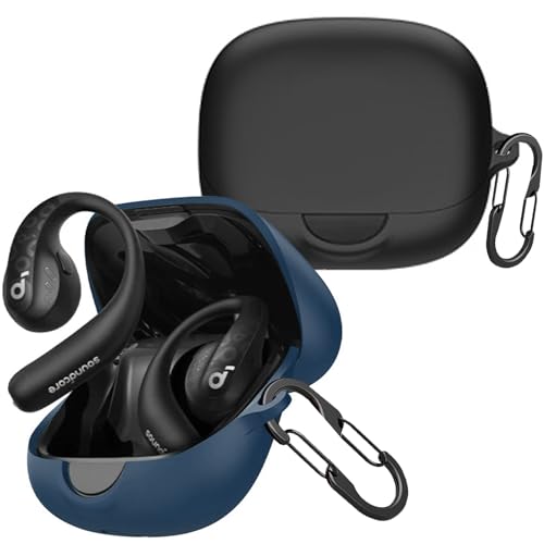 [2-Pack] easyBee Hülle Kompatibel mit Soundcore AeroFit Pro Open-Ear Kopfhörer [mit 2 Karabiner], Flüssiges Silikon Case Ultradünn Stoßfest Schutzhülle Bluetooth Kopfhörer Tasche - Schwarz und Blau von easyBee