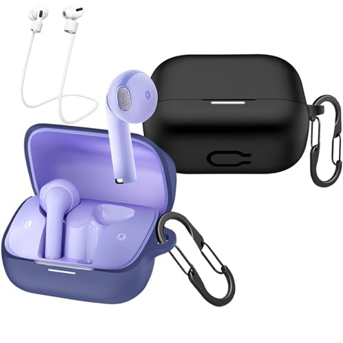 [2-Pack] easyBee Hülle Kompatibel mit Soundcore K20i Earbuds, mit 2 Karabiner 2 Anti-Verlust-Gurte, Flüssiges Silikon Case Ultradünn Stoßfest Schutzhülle Bluetooth Kopfhörer Tasche - Schwarz und Blau von easyBee