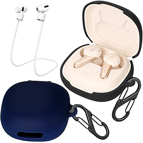 [2-Pack] easyBee Hülle Kompatibel mit Soundcore Life Note 3S, mit 2 Karabiner 2 Anti-Verlust-Gurte, Flüssiges Silikon Case Ultradünn Stoßfest Schutzhülle Bluetooth Kopfhörer Tasche - Schwarz Blau von easyBee