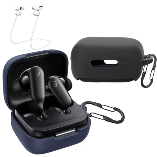 [2-Pack] easyBee Hülle Kompatibel mit Soundcore P30i Earbuds, mit 2 Karabiner Anti-Verlust-Gurte, Flüssiges Silikon Case Stoßfest Schutzhülle Bluetooth Kopfhörer Tasche - Schwarz Blau von easyBee