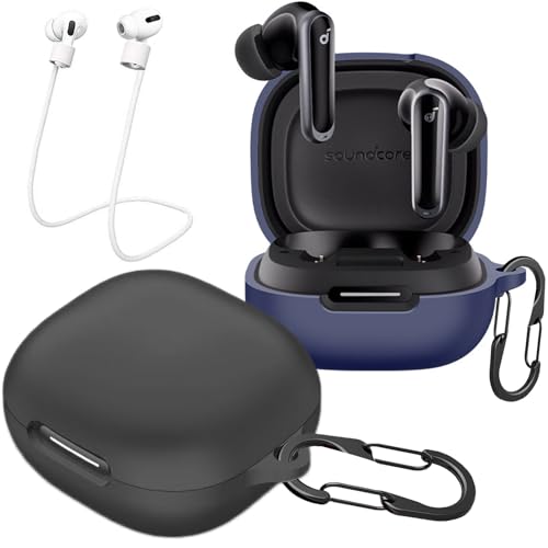 [2-Pack] easyBee Hülle Kompatibel mit Soundcore P40i Earbuds, mit 2 Karabiner 2 Anti-Verlust-Gurte, Flüssiges Silikon Case Ultradünn Stoßfest Schutzhülle Bluetooth Kopfhörer Tasche - Schwarz und Blau von easyBee