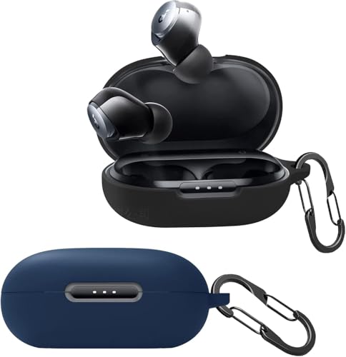 [2-Pack] easyBee Hülle Kompatibel mit Soundcore Space A40 [mit 2 Karabiner], Flüssiges Silikon Case Ultradünn Stoßfest Schutzhülle Bluetooth Kopfhörer Tasche - Schwarz und Blau von easyBee